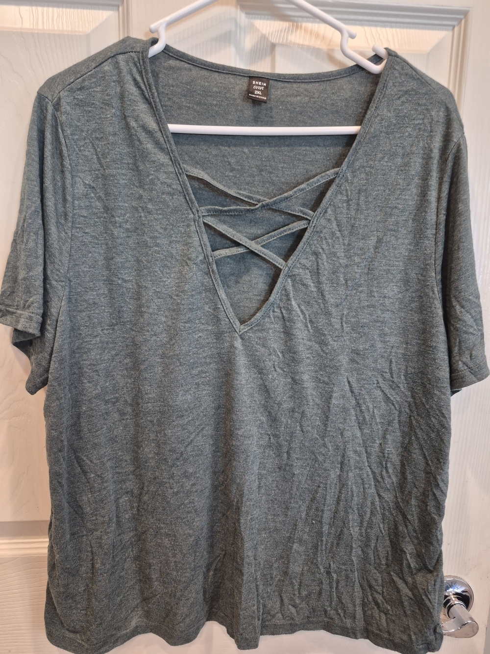SHEIN Heather Green Crisscross V-Neck Short Sleeve Top